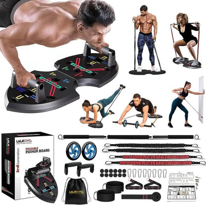 Foldable Home Gym Set Push up Board Resistance Bands Ab Roller Space Saving Workout Gear Apartment Travel Beginner to Pro (19 in 1 Set)